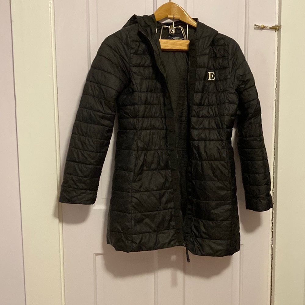 Lands end kids knee-length winter coat with E monogram
